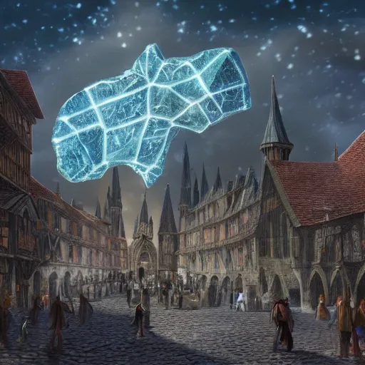 Prompt: A Huge enormous magical gem meteorite in the middle the plaza of a medieval city, beautiful, concept art, sharp focus, highly detailed, intricate, still, photograph, fantasy, medieval, midday, day, sunny, shimmering, realistic, 8k, award winning, trending on artstation, Dungeons and dragons, tabletop, in the style of Wizards of the coast