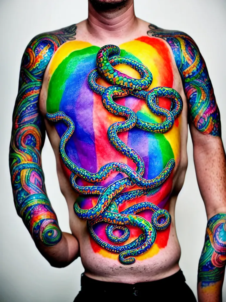 Image similar to a perfect portrait of a man standing, proudly displaying his four dimensional hyperbolic rainbow tattoos that extrude, protude and extend outwards and around his body like grasping prehensile tendrils tentacles and snakes, perfect studio lighting.