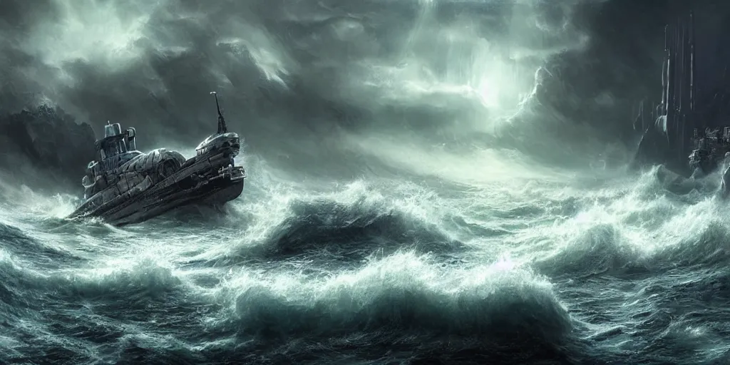 Image similar to scifi barge in turbulent waters in rocky coast, hyper realistic, highly detailed, digital art, apocalyptic, intimidating lighting, raytracing, sharp focus, smooth, romanticism