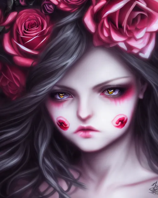 Image similar to dark angel surrounded by dark roses and skulls, very detailed, realistic face, detailed face, matte, tonemapping, bbwchan, perfection, 4 k, atmospheric, cushart krenz