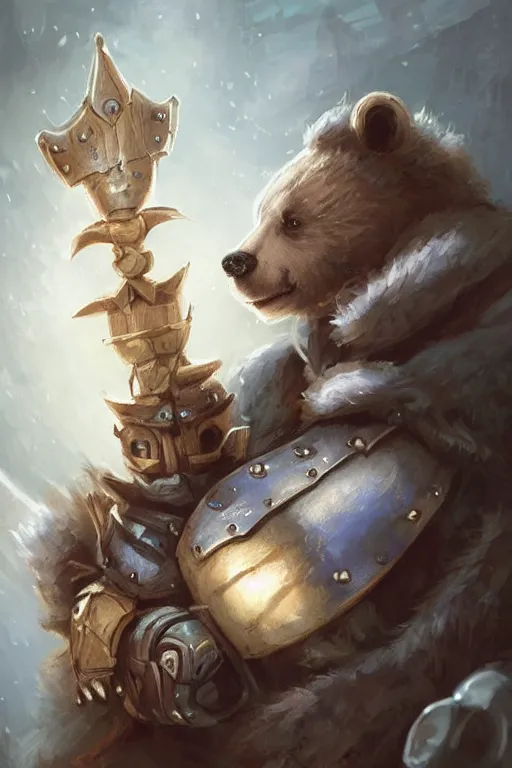 Image similar to cute little anthropomorphic bear knight wearing a cape and a crown, tiny, small, miniature bear, baby animal, short, pale blue armor, cute and adorable, pretty, beautiful, DnD character art portrait, matte fantasy painting, DeviantArt Artstation, by Jason Felix by Steve Argyle by Tyler Jacobson by Peter Mohrbacher, cinematic lighting