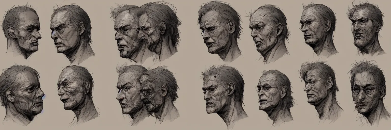 Image similar to character faces, realistic marc ribot face, clear marc ribot face, character sheet, fine details, concept design, contrast, kim jung gi, greg rutkowski and da vinci, trending on artstation, 8 k, emotional, face turnaround, front view, back view, side view, ultra wide angle