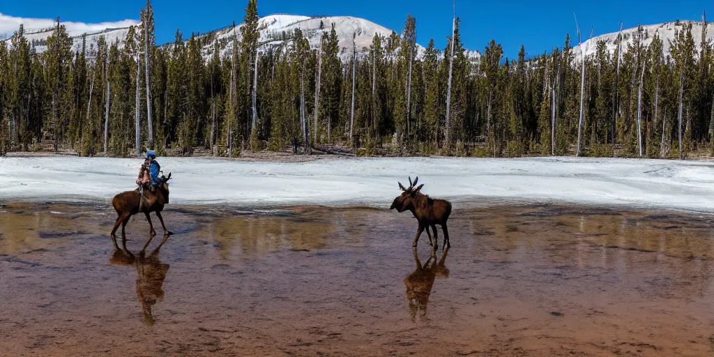 Image similar to hiker riding moose in yellowstone with prismatic spring in background