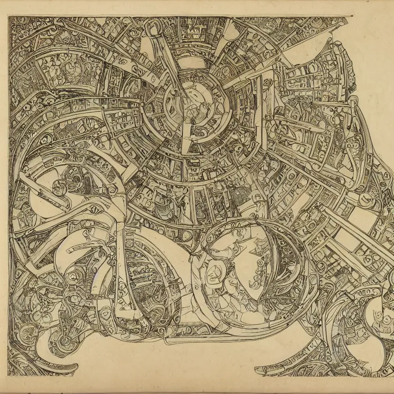 Image similar to detailed, intricate technical drawings on parchment from 1 8 4 0, with labels and notes, for a beautiful, symmetric, art deco submarine cutaway, by ron cobb and alphonse mucha