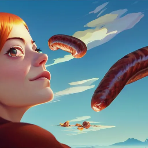 Image similar to emma stone surprised to see flying big italian sausages by concept artist gervasio canda, behance hd by jesper ejsing, by rhads, makoto shinkai and lois van baarle, ilya kuvshinov, rossdraws global illumination radiating a glowing aura global illumination ray tracing hdr render in unreal engine 5