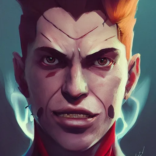 Prompt: beautiful portrait of a very confident, smirking, narcissist hisoka morow, hyper realistic, sharp, greg rutkowski, wlop, loish, dishonored 2, soft lighting