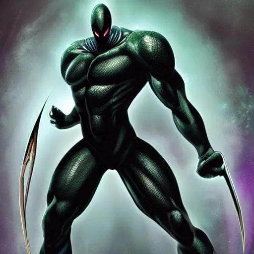 Image similar to Shadow is an undefeated intergalactic humanoid warrior, he is two meters tall, with an amazing well defined muscular body, his skin is gray, he has no hair at all, his eyes are wide and completely white, has no noticeable nose or mouth, he looks like a mix between the Spawn and venom from Spiderman