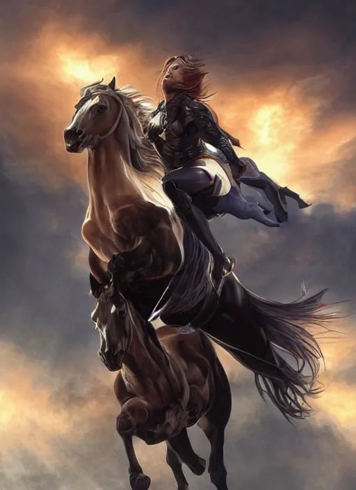 Image similar to the singular horseman of the apocalypse is riding a strong black stallion, horse is up on its hind legs, the strong male rider is carrying the scales of justice, beautiful artwork by artgerm and rutkowski, breathtaking, beautifully lit, dramatic