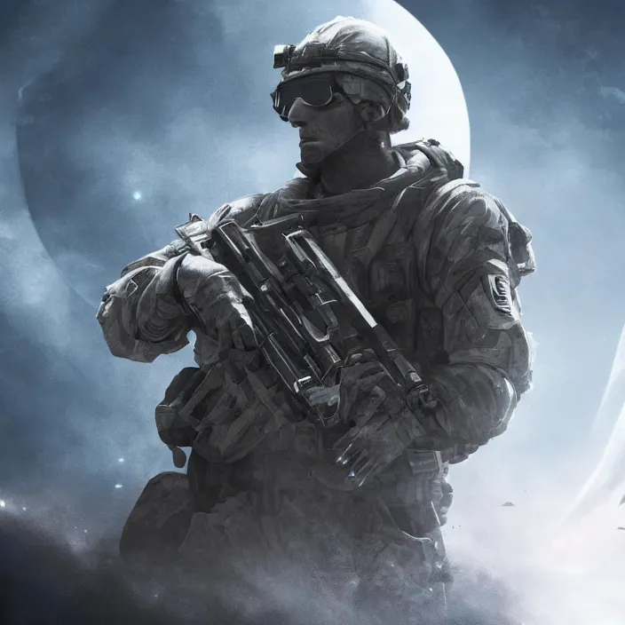 Image similar to cinematic, beautiful lighting, call of duty ghost soldier looking out into the vastness of space, digital art