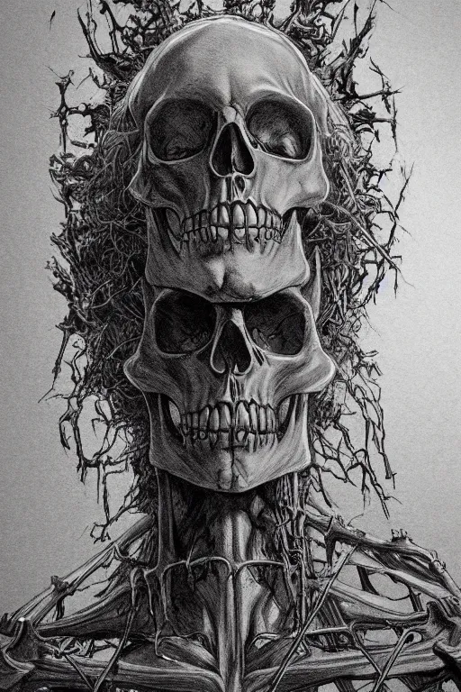 Image similar to crucified skeleton portrait album cover hyper detailed concept art sheet crosshatch sketch illustration art style by Jonathan Wayshak and Toshihiro Egawa and Zdizslaw Beksinski and Artstation trending 8k