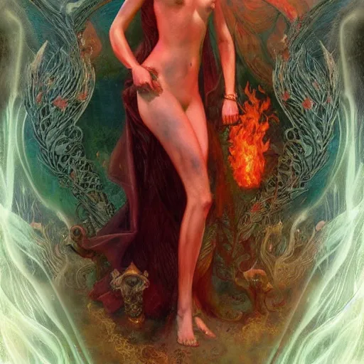 Image similar to epic masterpiece full body portrait a beautiful Persephone with a beautiful face and flawless skin, queen of the underworld, in Hades, flames and smoke in background, hell hound at her side, by Edgar Maxence and Ross Tran and Michael Whelan