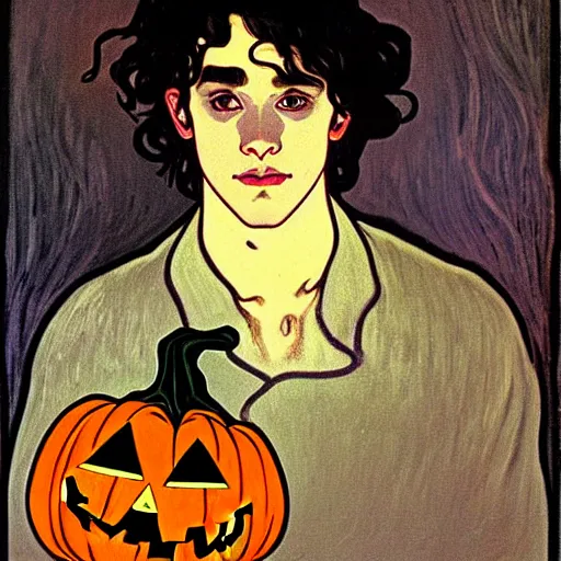 Prompt: painting of young cute handsome beautiful dark medium wavy hair man in his 2 0 s named shadow taehyung at the halloween pumpkin party, straight nose, depressed, melancholy, elegant, clear, painting, stylized, delicate, soft facial features, delicate facial features, soft art, art by alphonse mucha, vincent van gogh, egon schiele