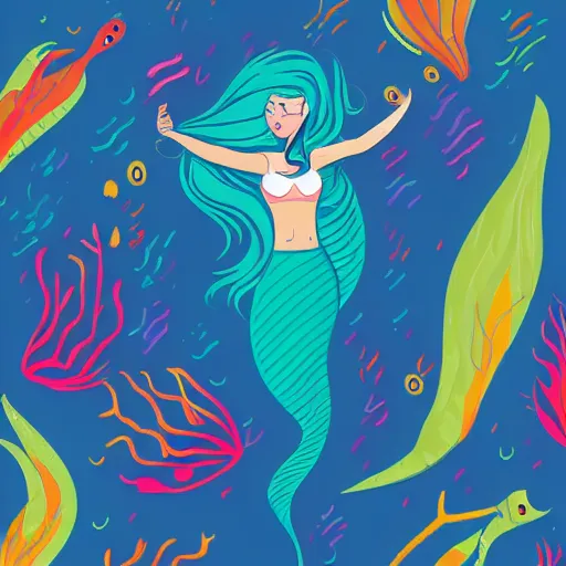 Image similar to Full body mermaid swimming in the sea, Anthropomorphized, portrait, highly detailed, colorful, illustration, smooth and clean vector curves, no jagged lines, vector art, smooth