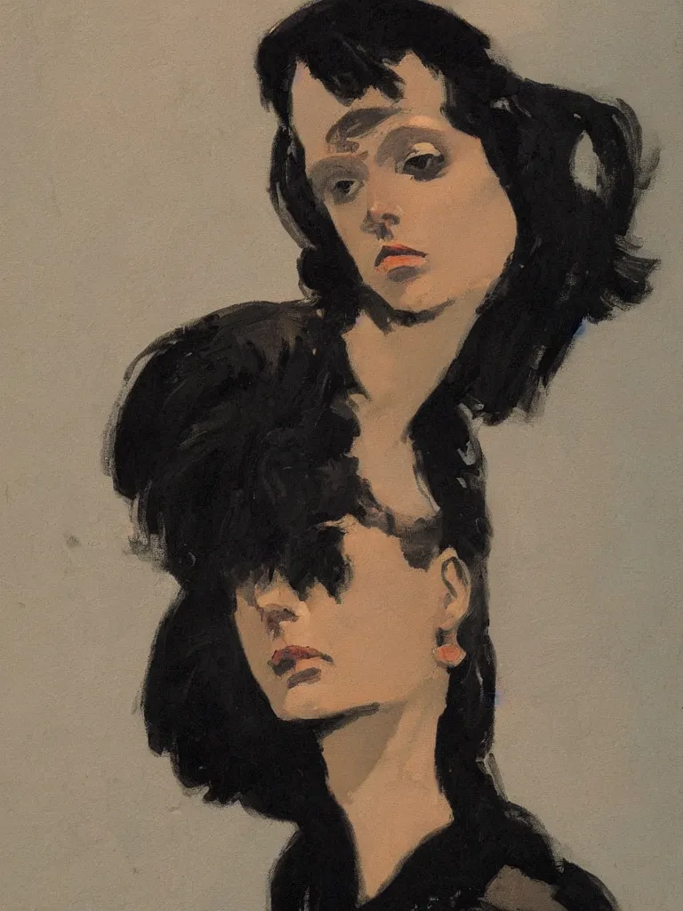 Image similar to portrait profile of one mysterious dark beautiful women in 1 9 7 8, oil painting by john watkiss