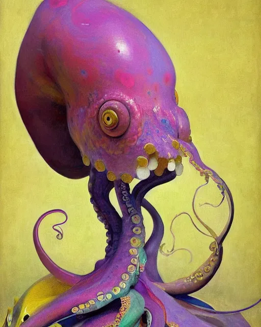 Prompt: a beautiful girl wearing a colourful octopus as a hat, painted by edgar maxence, edward hopper, wayne barlowe and james gilleard, airbrush, art by jamesjean