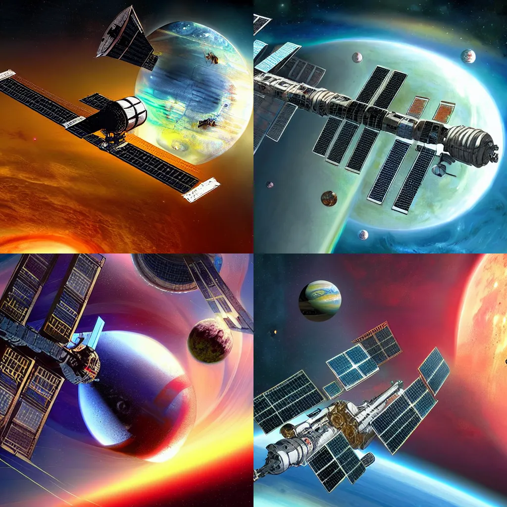 Prompt: Concept art of a space station in orbit around earth, digital art, sci-fi, high saturation, Keith Thompson