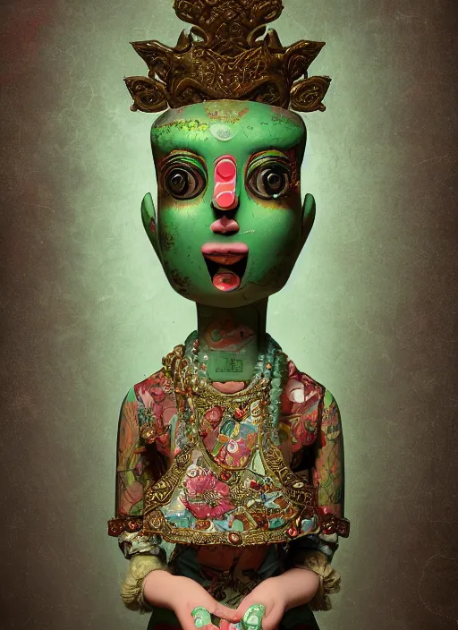 Image similar to closeup portrait of tin toy green girl milarepa trap, depth of field, zeiss lens, detailed, symmetrical, centered, fashion photoshoot, by nicoletta ceccoli, mark ryden, lostfish, breathtaking, 8 k resolution, extremely detailed, beautiful, establishing shot, artistic, hyperrealistic, octane render