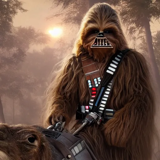 Image similar to warren buffet as a wookie from star wars riding a camel with han solo, ultra realistic, concept art, intricate details, eerie, haunting, highly detailed, photorealistic, octane render, 8 k, unreal engine. art by artgerm and greg rutkowski and charlie bowater and magali villeneuve and alphonse mucha