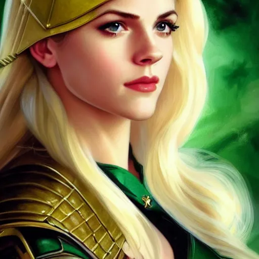 Image similar to A combination of Katheryn Winnick's and Grace Kelly's and Emma Watson's faces with blonde hair as Green Arrow, western, D&D, fantasy, intricate, elegant, highly detailed, digital painting, artstation, concept art, matte, sharp focus, illustration, art by Artgerm and Greg Rutkowski and Alphonse Mucha