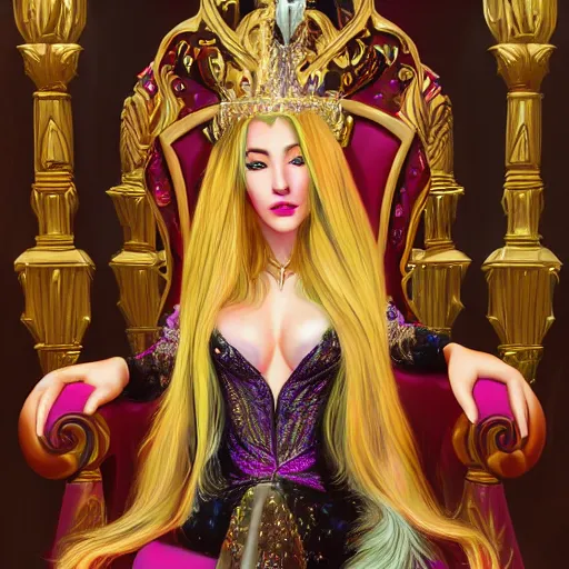 Prompt: a beautiful detailed portrait of a blonde stunningly beautiful fantasy queen in her throne room by lisa frank trending on artstation