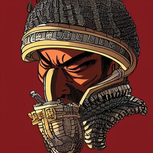 Prompt: a powerful japanese samurai wearing a crafted bone helm, detailed face, highly detailed, face symmetry, character concept portrait by moebius and laurie greasley, colorful, profile picture, 8 k, cinematic color grading