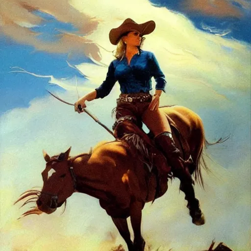 Prompt: ultra realistic portrait painting of a cowgirl, art by frank frazetta, vintage levi ’ s ad, stormy weather, dark vibes, 4 k, ultra realistic, highly detailed, epic lighting