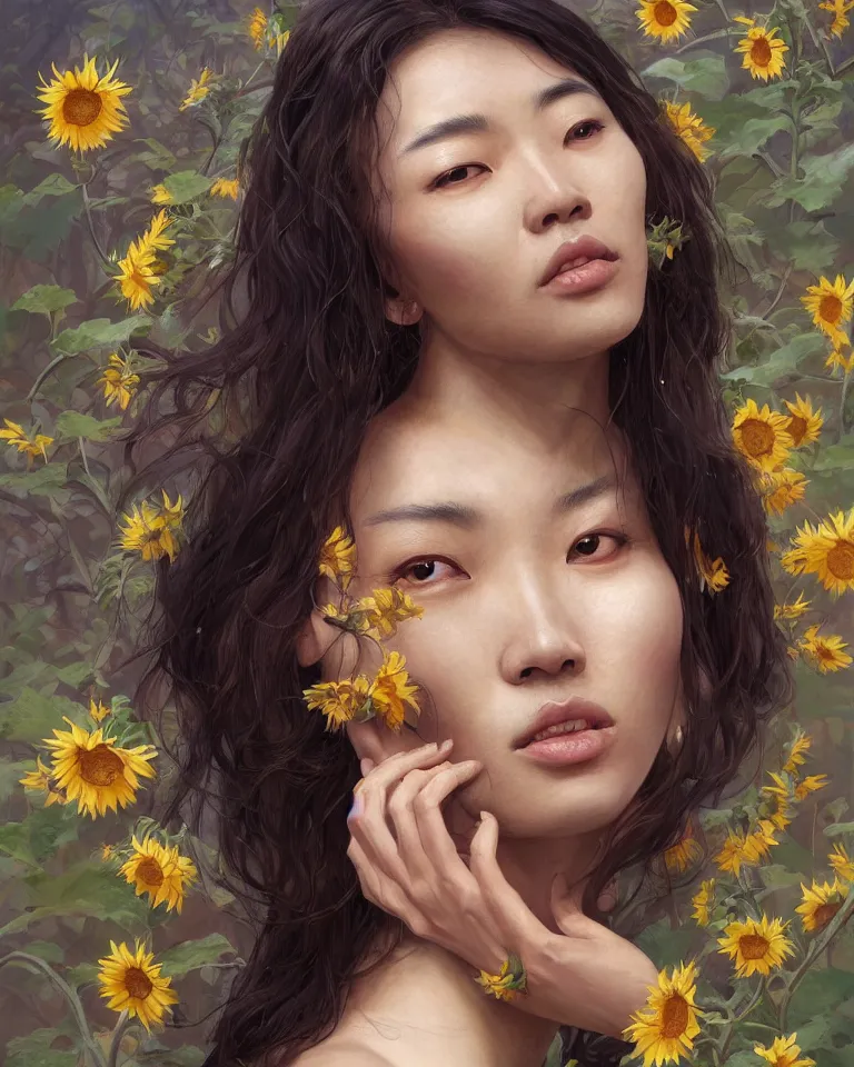 Image similar to a professional painting of the Sunflower Goddess, beautiful and wise-looking east-asian woman, olive skin, beautiful bone structure, symmetrical facial features, intricate, elegant, digital painting, concept art, smooth, sharp focus, illustration, art style by Ruan Jia and Mandy Jurgens and Artgerm and William-Adolphe Bouguerea