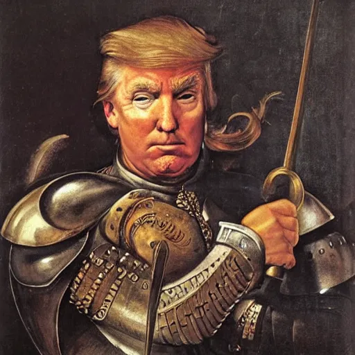 Image similar to donald trump, donald trump, wearing knight ’ s armor, holding a spectacular broadsword, by annibale carracci, two arms, two legs, donald trump ’ s face, donald trump, symmetrical face, highly detailed face, perfect face