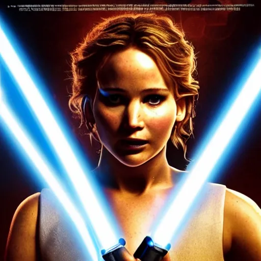 Prompt: jennifer lawrence as a jedi holding up a blue lightsaber, very dark background, official new star wars episode xi movie poster from lucas arts, perfect symmetrical face, full moon, moody lighting, 8 k, shallow depth of field, intricate detail,