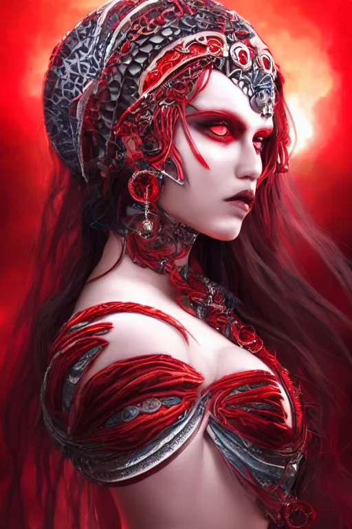 Image similar to portrait of the blood goddess, deep blue eyes, ocean waves in eyes, enigmatic beauty, dominant shades of crimson and red and black, 3 d render, digital art, oriental silver ornaments, artstation