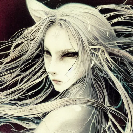 Image similar to Yoshitaka Amano blurred and dreamy illustration of an anime girl with wavy white hair fluttering in the wind and cracks on her face wearing elven armor with engravings, background with abstract black and white patterns, noisy film grain effect, highly detailed, Renaissance oil painting, weird portrait angle, three quarter view
