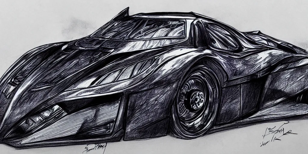 Image similar to ballpoint pen drawing of the batmobile, batman, arkham knight