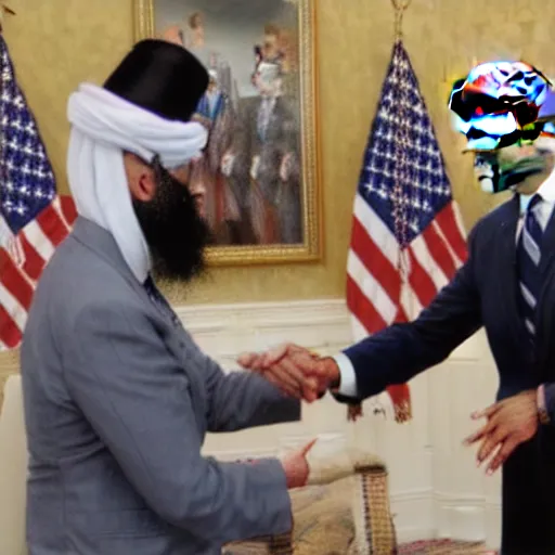 Prompt: photorealistic Joe Biden shaking hands with Osama Bin Laden
