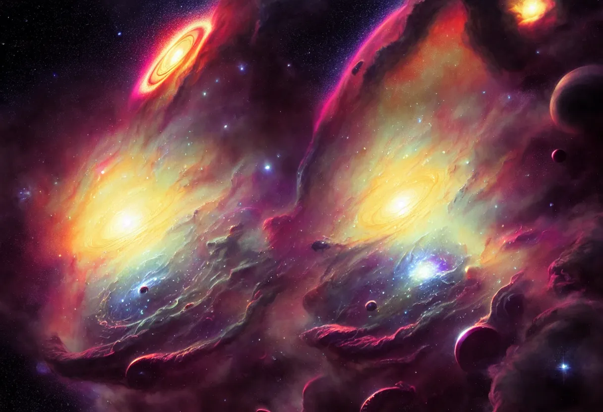 Image similar to beautiful render, deep space nebula with gas giants and many stars, galaxies and planets, asteroid belt, fantasy, intricate, elegant, highly detailed, digital painting, artstation, concept art, smooth, sharp focus, octane render, dramatic lighting, art by artgerm and greg rutkowski and alphonse mucha and wlop