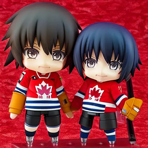 Prompt: an anime Nendoroid of Bob and Doug MacKenzie, the great white north, hockey jerseys, figurines, detailed product photo