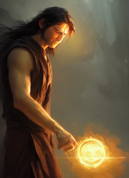 Prompt: side profile of a man with long black hair in brown rags holding a magical orb, fantasy, intricate, sharp focus, lens flare, bloom, illustration, highly detailed, digital painting, concept art, matte, art by ruan jia and wlop and greg rutkowski, masterpiece