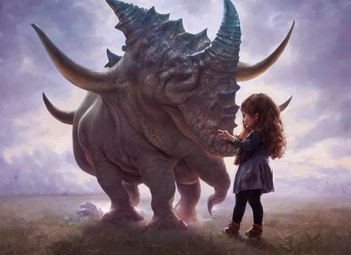 Image similar to a cute little girl with wavy curly brown hair meets a triceratops. beautiful painting by artgerm and greg rutkowski