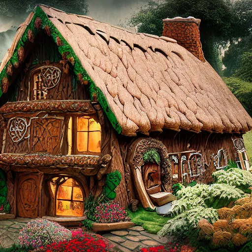 Image similar to a medieval hobbit house made of ginger bread, ornate, beautiful, atmosphere, vibe, flowers, concept art illustration, color page, 4 k, tone mapping, doll, akihiko yoshida, james jean, andrei riabovitchev, marc simonetti, yoshitaka amano, digital illustration, greg rutowski, volumetric lighting, sunbeams, particles