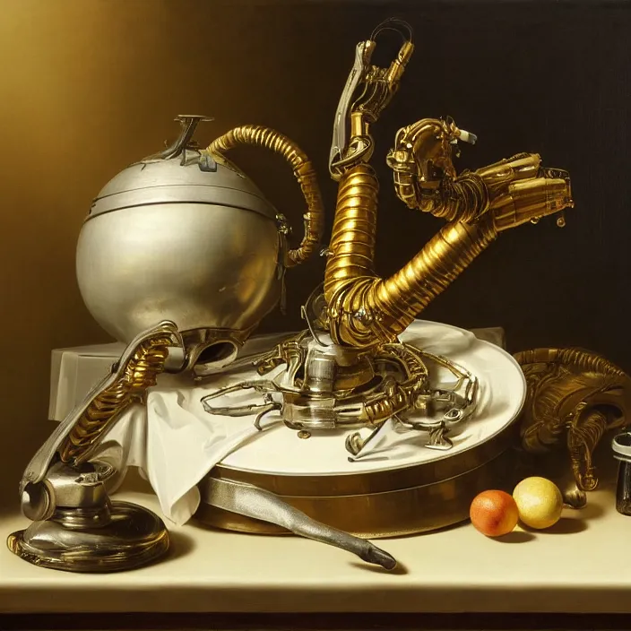 Image similar to still life painting of a cybernetic arm by pieter claesz, oil on canvas, strong lighting, highly detailed, hyper realism, golden hour, god rays, hd, 4 k