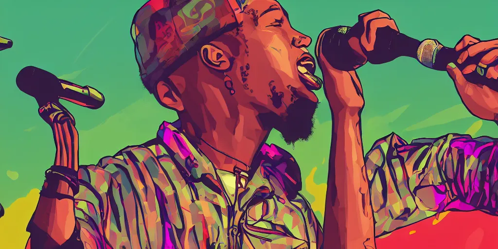 Image similar to rapper performing at huge festival holding microphone, epic angle, digital art, vapor wave, hip hop, trending on Artstation, professional artist, detailed, 4k