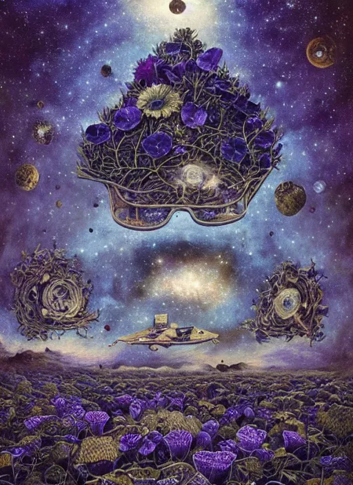 Image similar to detailed, intricate blue black and purple papaverum flower on the field, nebula, galaxy in the sky, winning award masterpiece, fantastically beautiful, illustration, aestheticly inspired, jacek yerka, upscale with anguissola sofonisba work, artstation, 8 k