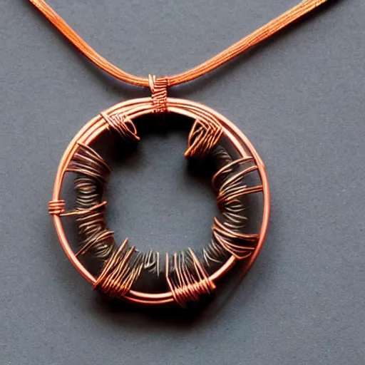 Image similar to a beautiful circular pendant made from sand and dirt, that is bound together by copper wire