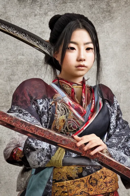 Image similar to highly detailed beautiful photo of a young female samurai, practising sword stances in a temple, symmetrical face, beautiful eyes, realistic anime art style, 8 k, award winning photo, pastels, action photography, 1 / 1 2 5 shutter speed, dramatic lighting