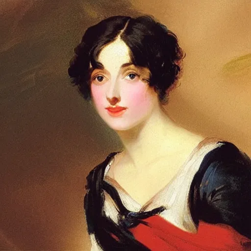 Image similar to Romanticism painting of a young woman with short hair painted in 1803 by Sir Thomas Lawrence