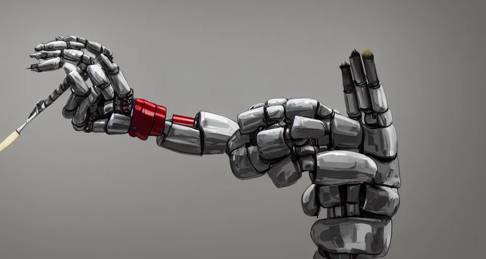 Prompt: a robot hand holding a paintbrush, cinematic, studio lighting, 4k, hyper detailed, realistic