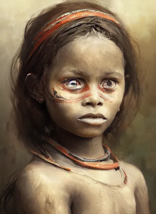 Image similar to A painting of a child-like tribal woman trending on artstation in the style of Greg Rutkowski