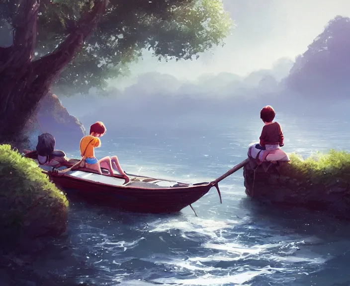 Image similar to a boy and girl sitting together on one single boat. Romantic. Girl has auburn hair, boy has short black hair. Narrow river in a forest, rocky shore, trees, shady, blue waters, ripples, waves, reflections, details, sharp focus, illustration, by Jordan Grimmer and greg rutkowski, Trending artstation, pixiv, digital art