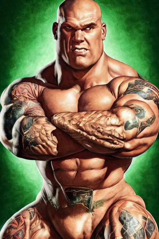 Prompt: upper body and head portrait of huge hulking absurdly muscular martyn ford as marvel character wearing shirt and pants against simple background by alex ross and jack kirby and sergey kolesov and jason fabok and lawrence alma tadema and norman rockwell and greg staples, photoreal, cinematic, 4 k, high detail