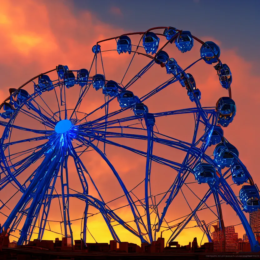 Image similar to unreal engine render, a blue guitar with a ferris wheel in the background, cinematic, sunset, fantasy, 8 k, trending on artstation