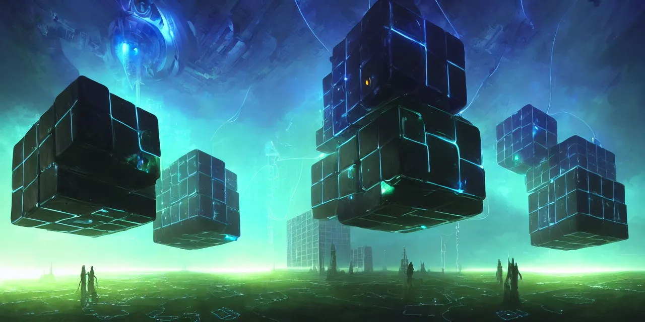 Prompt: a fleet of giant glowing futuristic cubes tied to each other with lots of glowing chains in the sky, thick glowing chains, light rays bouncing between cubes, a fantasy magical cyberpunk landscape seen in the distance, atmospheric lighting, intricate, volumetric lighting, beautiful, sharp focus, ultra detailed, in the art style of marc simonetti and lee madgwick, astrophotography